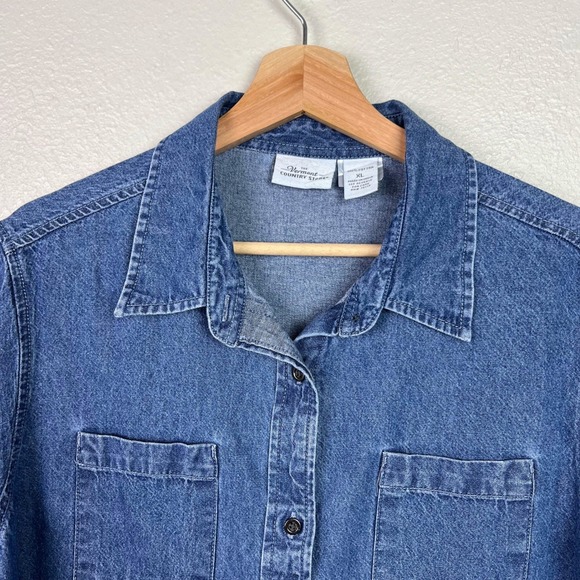 Vermont Country Store Denim Shirt Dress XL Blue Short Sleeve Cottagecore Prairie - Picture 2 of 8
